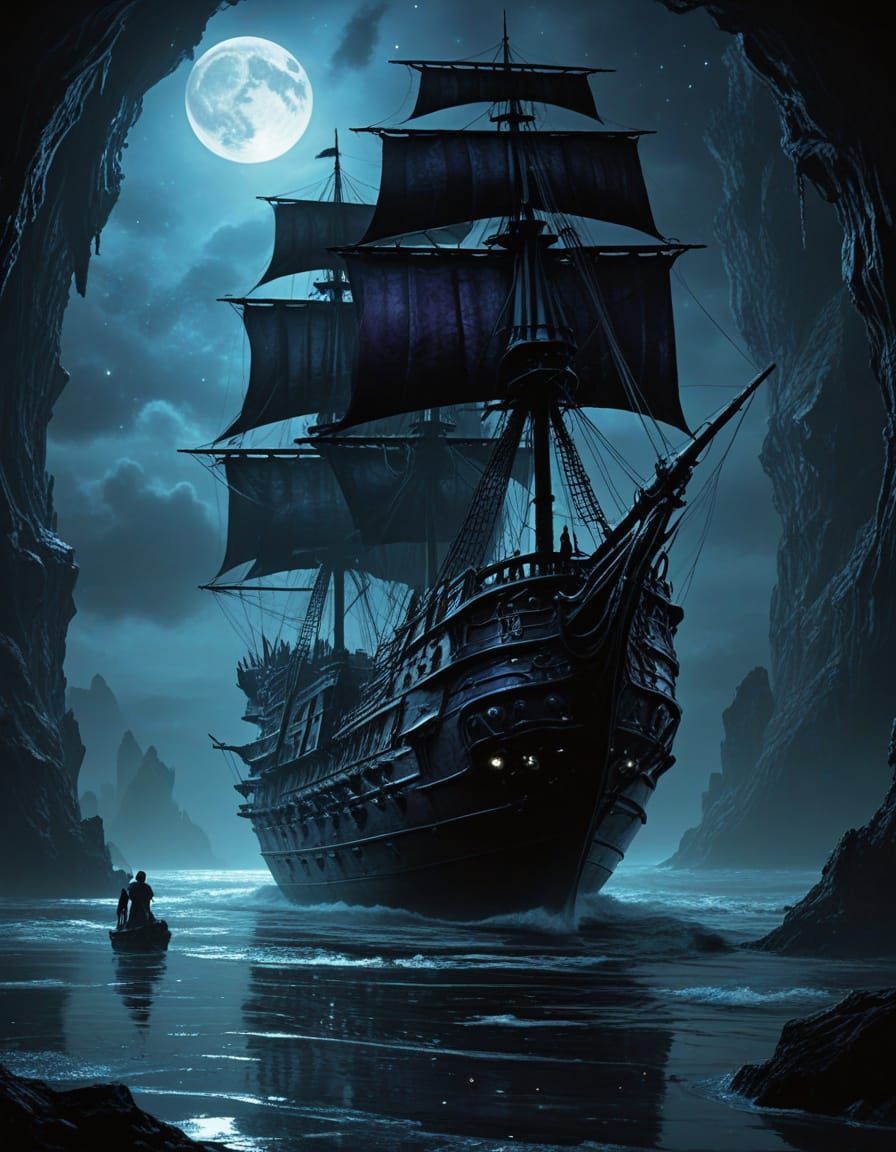 Spectral Pirate Ship Sails Through Starry Sea