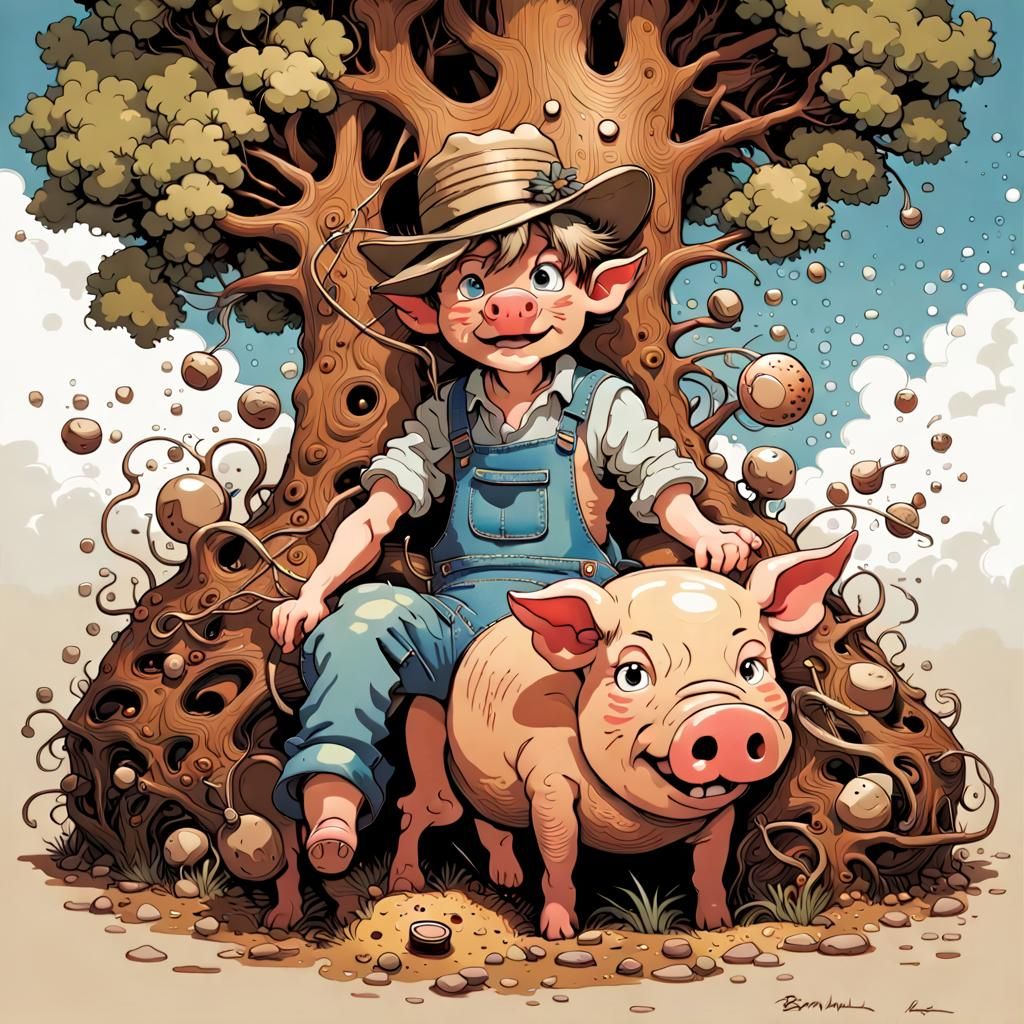 Youth on Pig in Farmyard: Surrealist Artwork