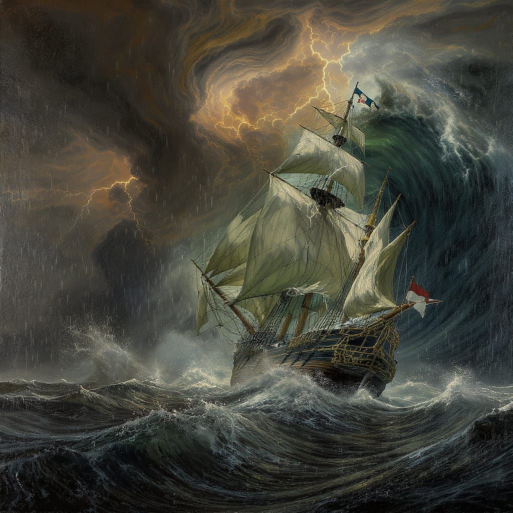 Galleon in Tempestuous Seas: A Maritime Painting