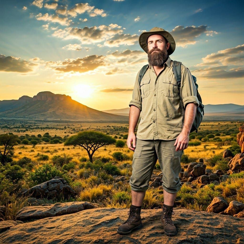 Heroic Wilderness Explorer in Sunset Savanna
