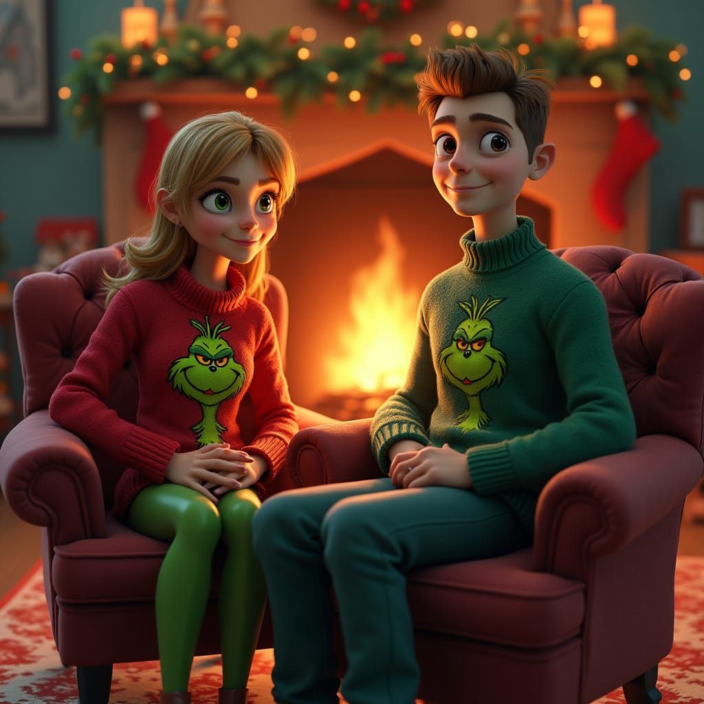 Christmas Couple in Grinch Sweaters by Fireplace