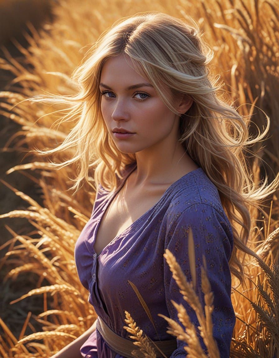 Woman in Golden Hayfield, Hyperrealistic Concept Art