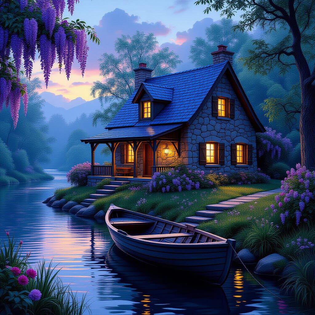Magical Twilight Cabin Landscape with Wisteria Blooms