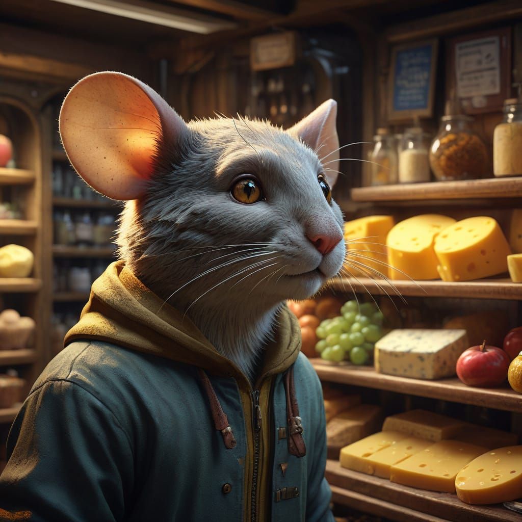 Shy Mouse in Cheese Shop: Vibrant Concept Art