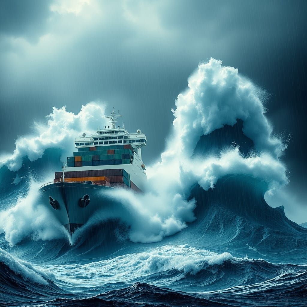 Massive Cargo Ship Battles Towering Waves in a Stormy Ocean
