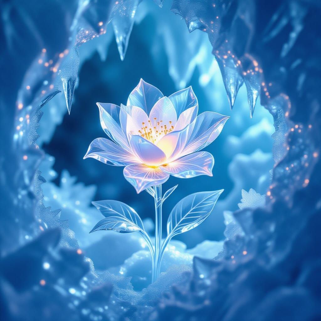 Glowing Ice Flower in Crystal Cavern
