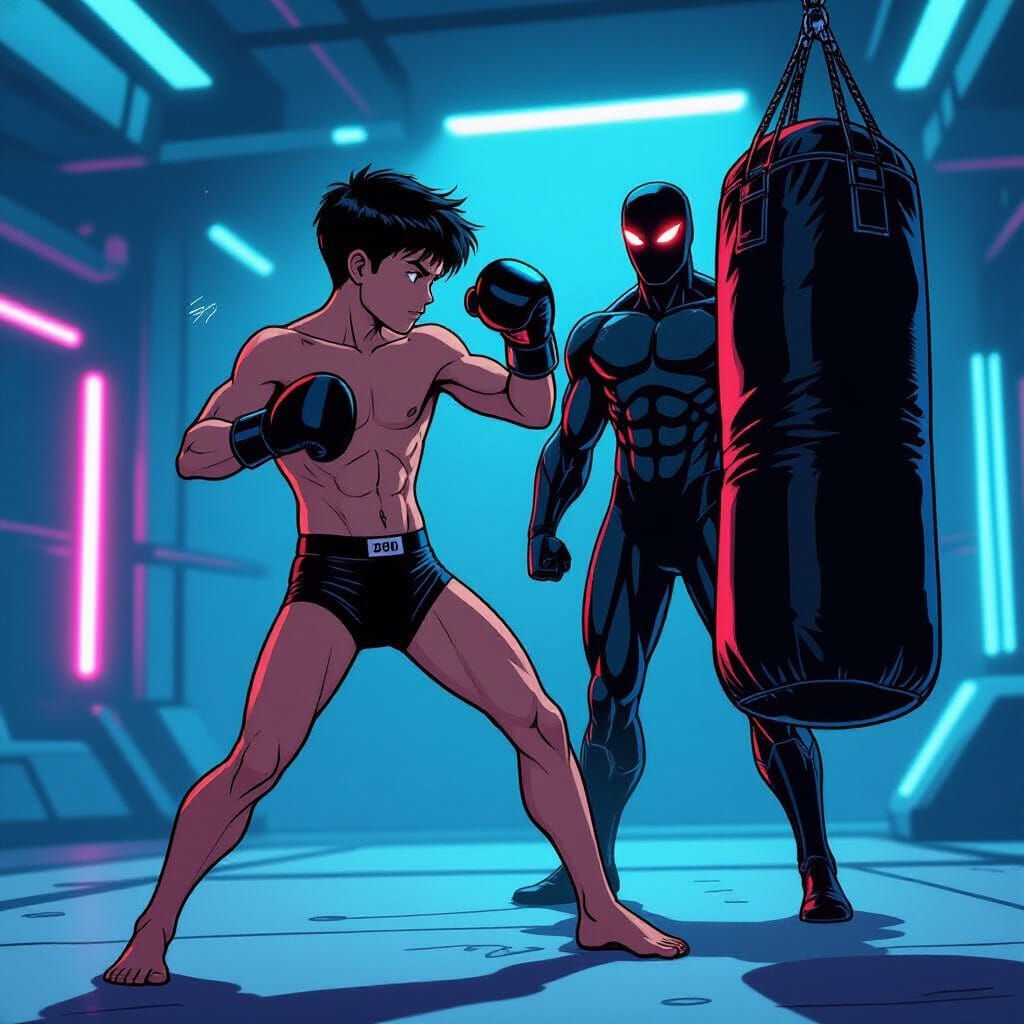 Muscular Teen Kicks Punching Bag in Sci-Fi Combat Suit