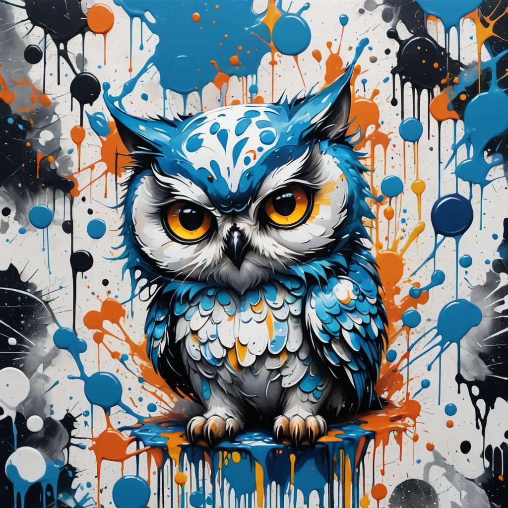 Blue and White Cat-Owl Hybrid in Graffiti Art