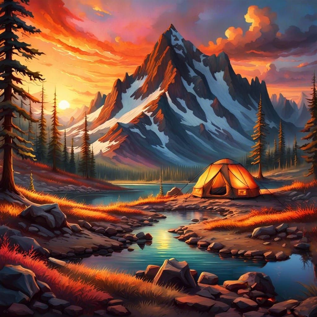 Fantasy Campsite at Sunset, Richly Detailed 3D Render