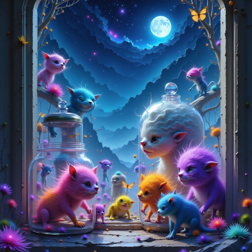 Pastel Monsters in Glass Jars Under Starry Sky