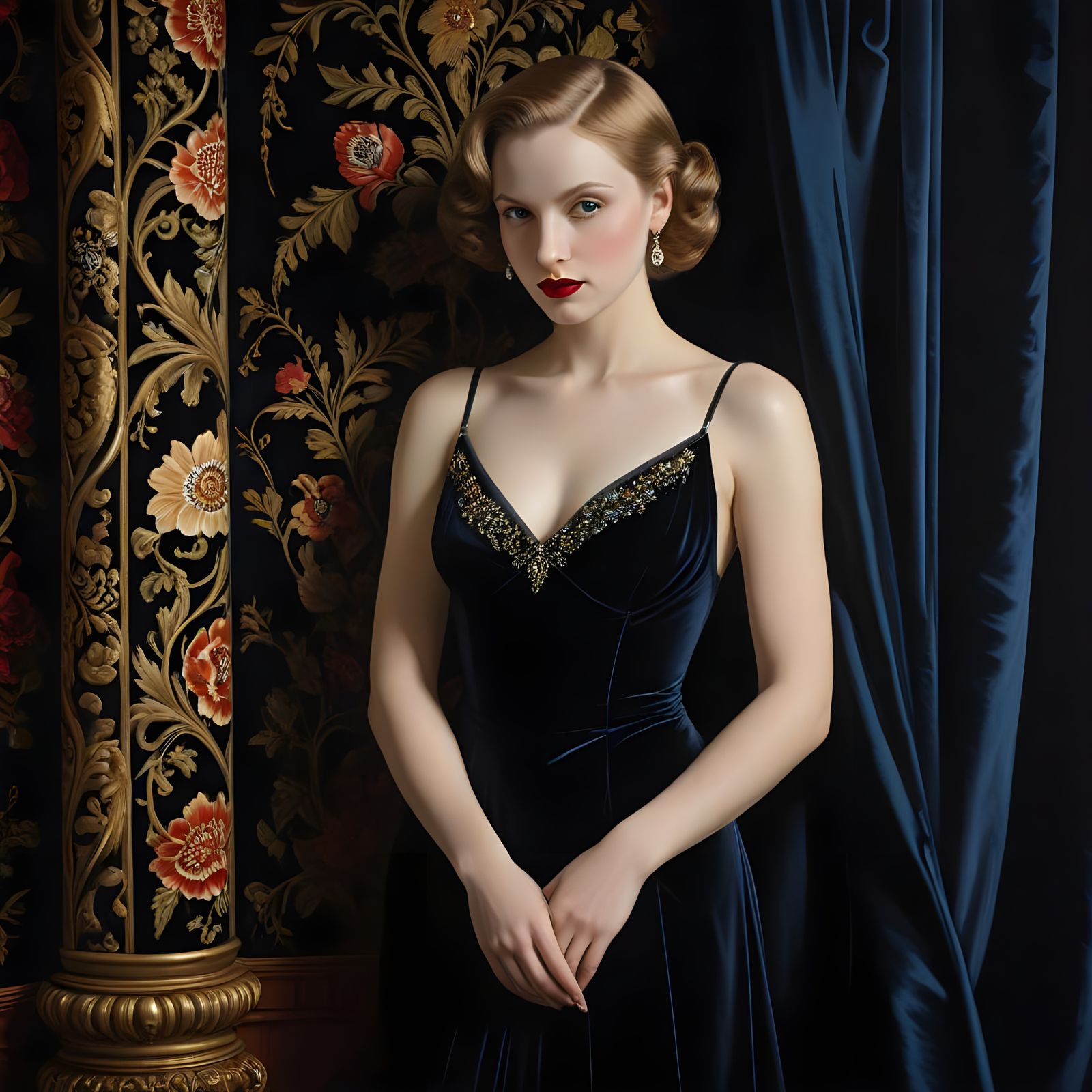 Elegant 19th Century Portrait in Black Velvet and Luxury Fab...