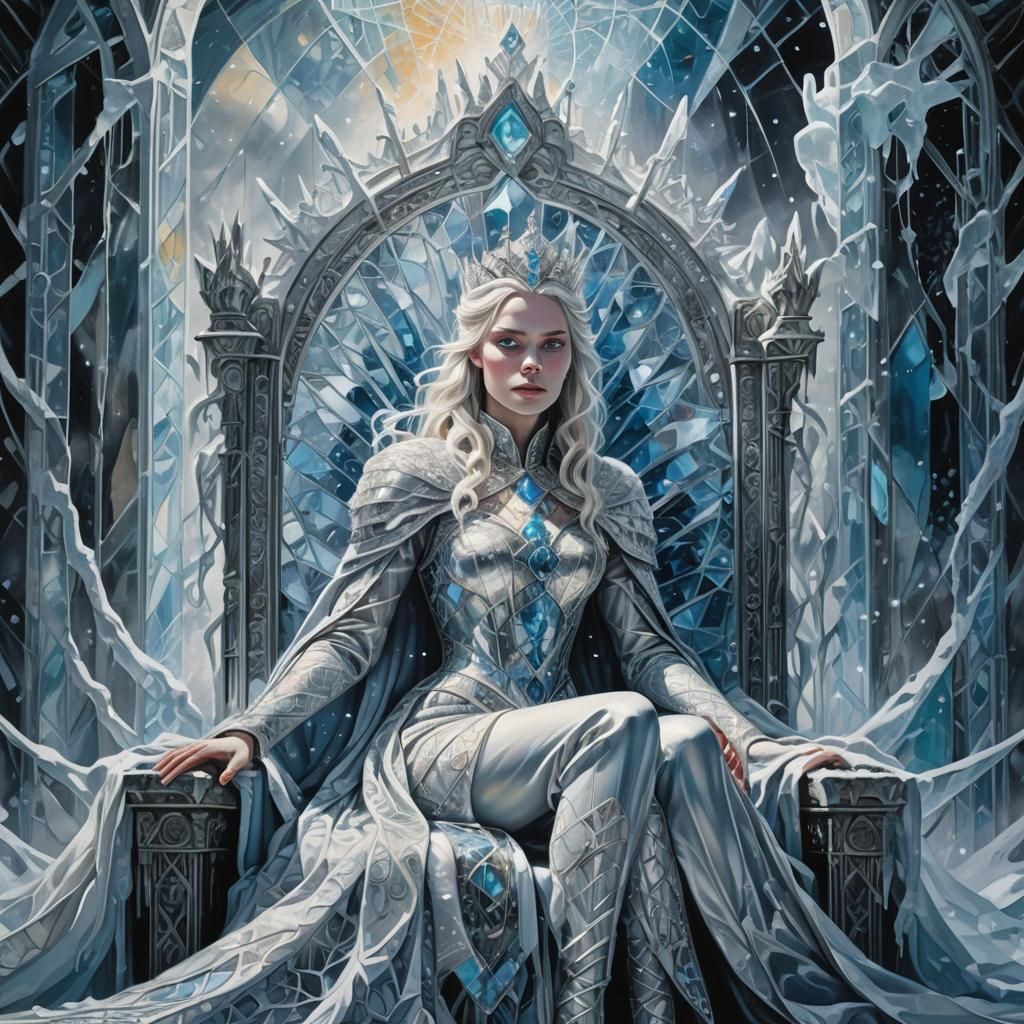 Snow Queen on Ice Throne in Eerie Dystopian Style