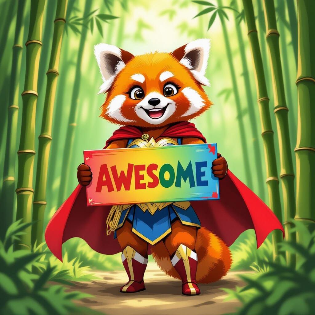 Red Panda Wonder Woman in Bamboo Forest, Playful Art