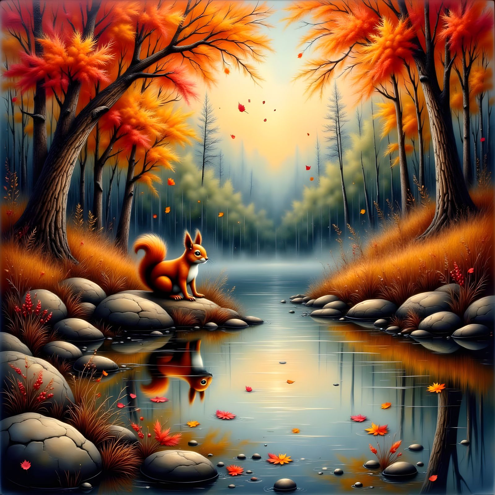 Autumn River Scene with Canoe and Stag