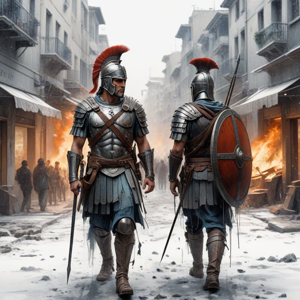 Roman Soldiers March Through Snowy Greek Ruins in a Watercol...