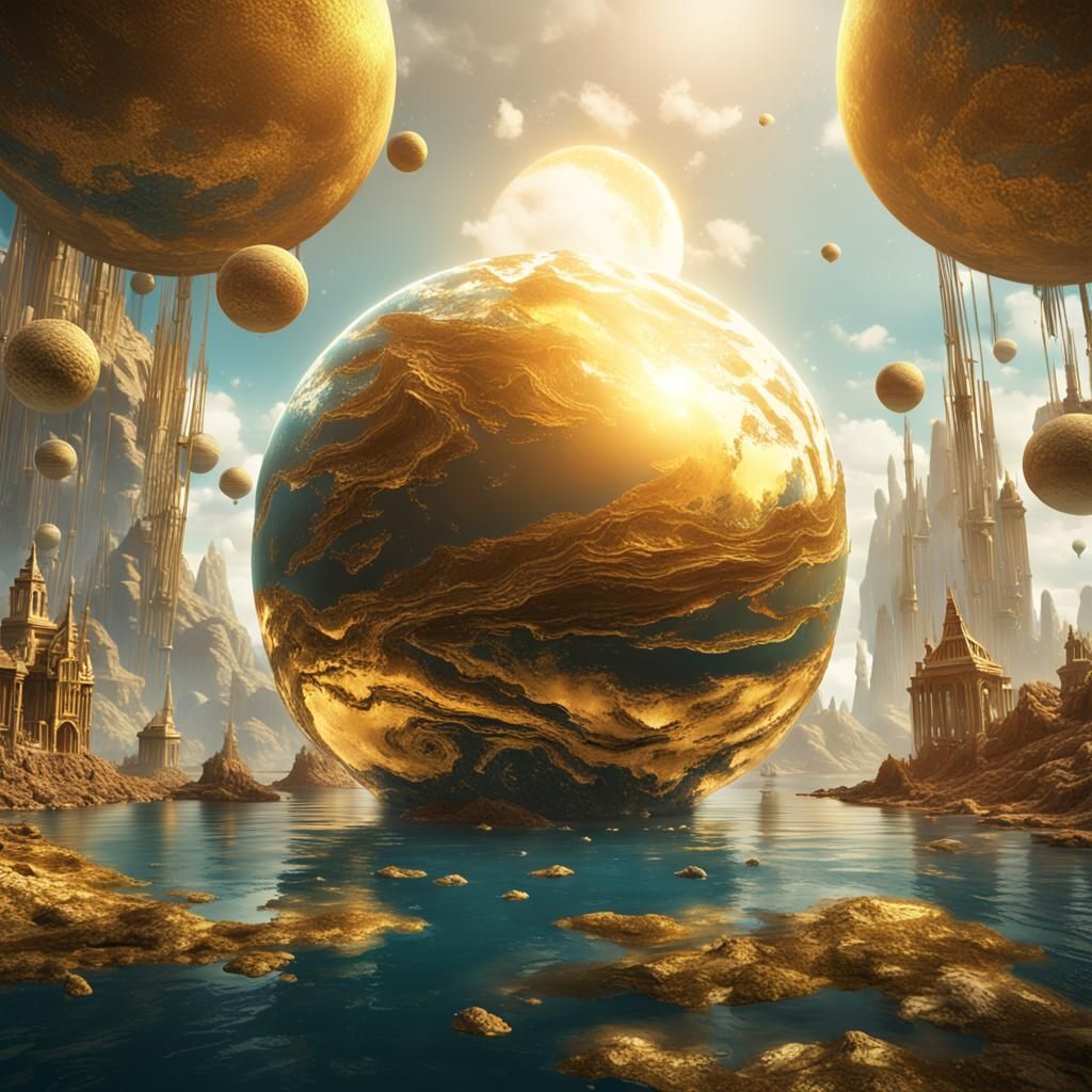 Golden Planet with Futuristic Kingdom, Fantasy Art