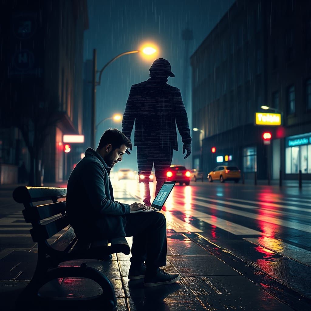 Lonely City Bench Under Flickering Streetlight at Night