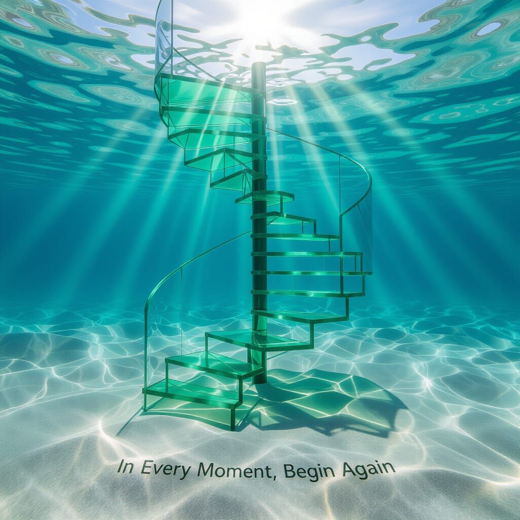 Hyperrealistic Underwater Staircase Ascending to Light