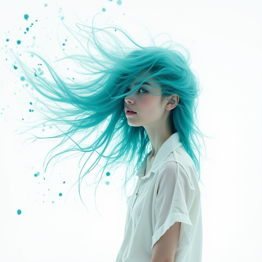 Surreal Watercolor Portrait of Turquoise-Haired Woman