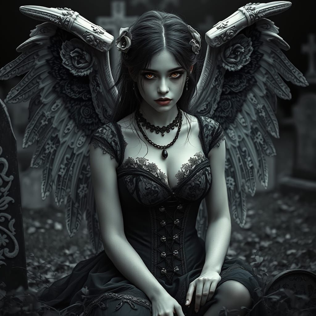 Gothic Angel in Graveyard with Chains, Color Pop Style