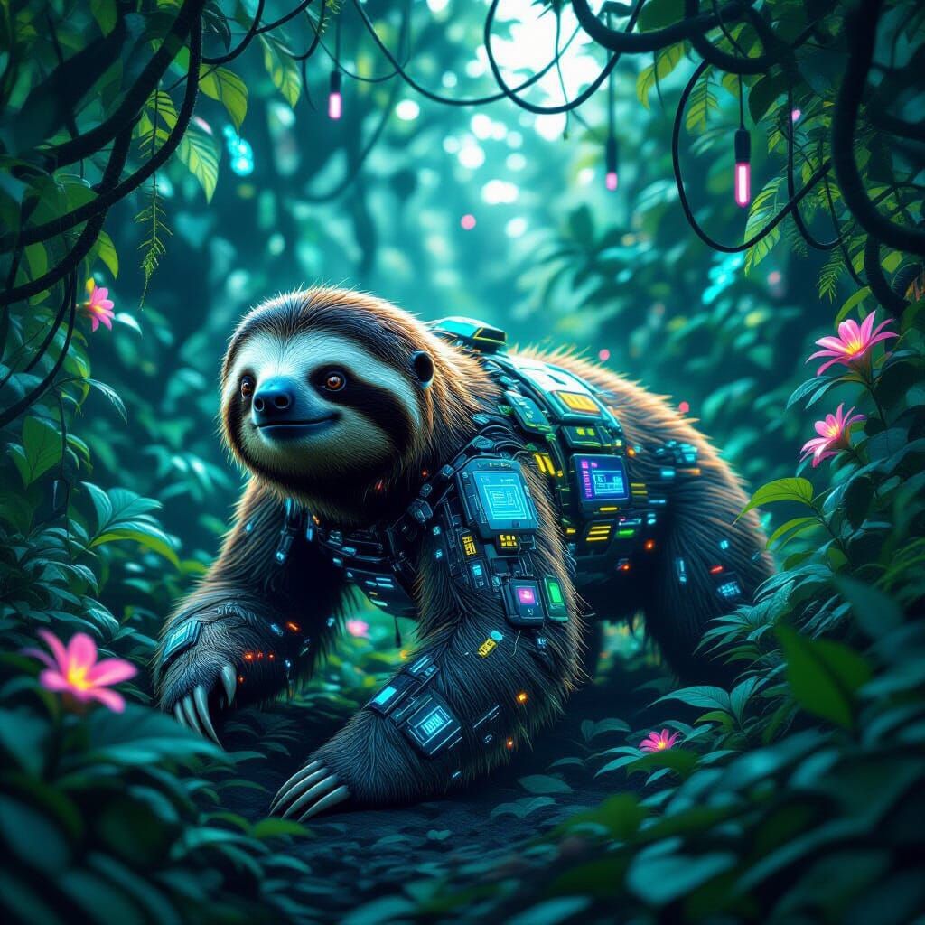 Futuristic Sloth in Neon Sci-Fi Jungle