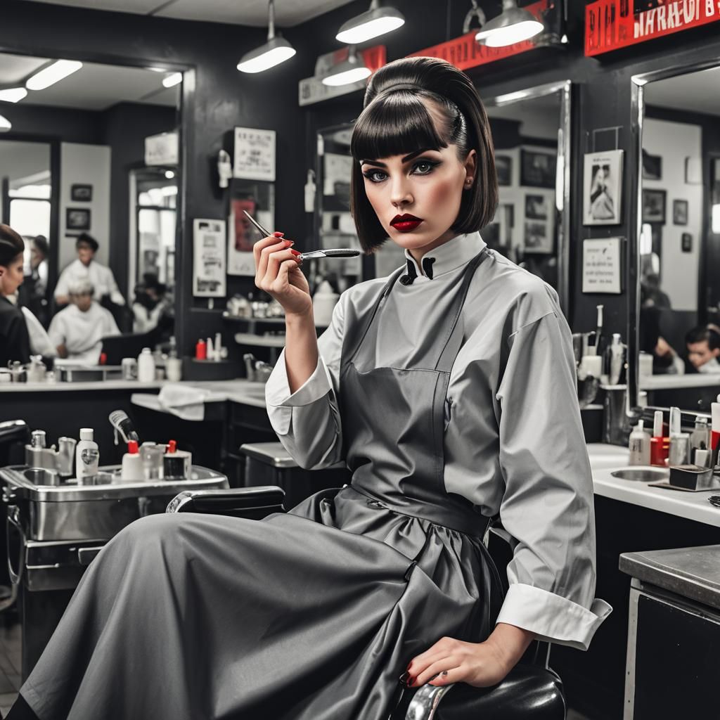 Intimidating Female Barber Awaits Customer: Hyperrealistic C...