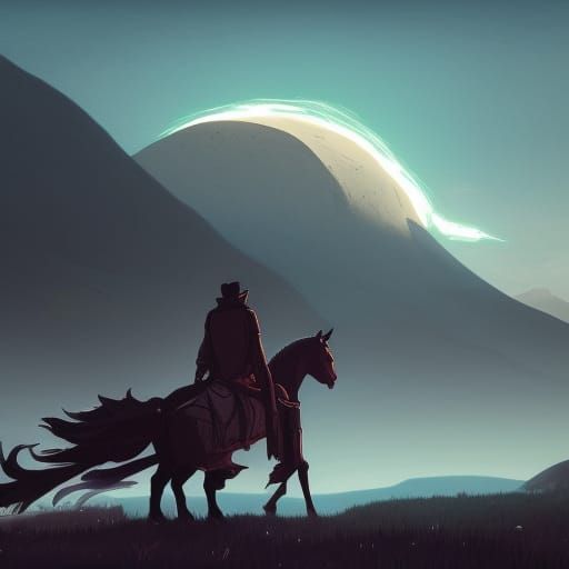 Horse Rider and Erupting Volcano at Night