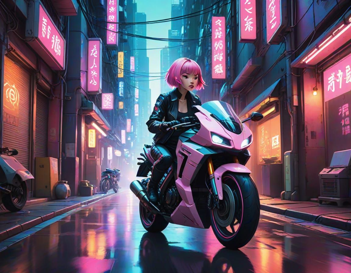 Cyberpunk Biker in Vibrant Anime Style