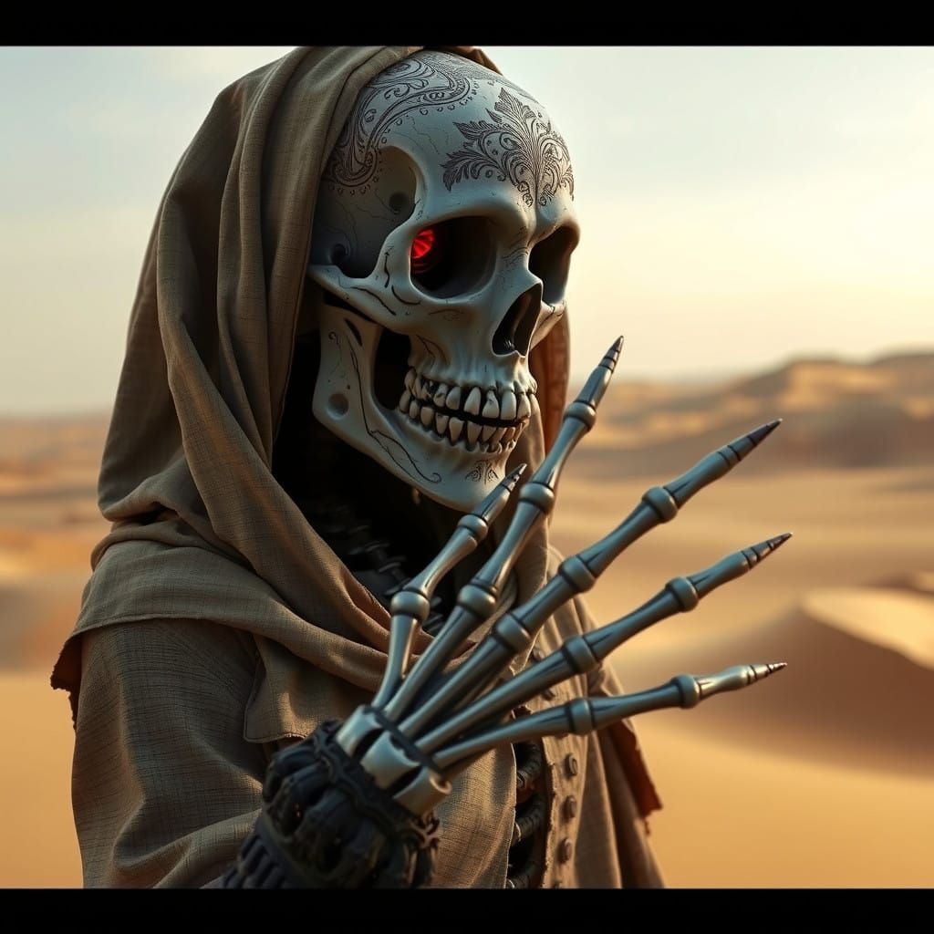 Surreal Skeleton Figure in Desert Landscape
