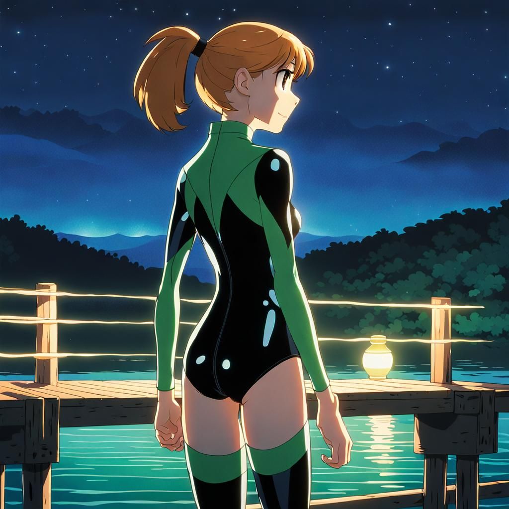 Kim Possible Overlooking Lake at Night, Anime Style