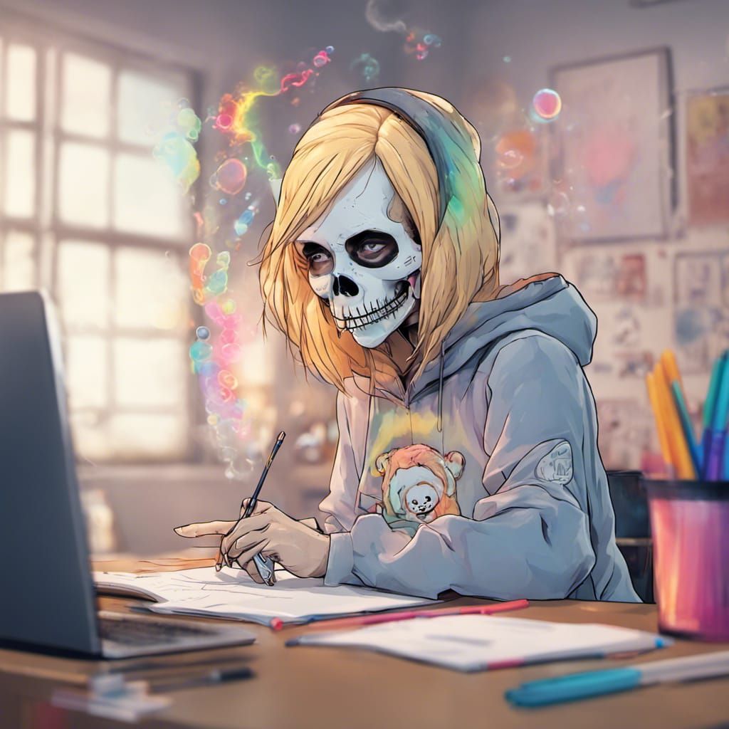 Skeleton Girl Snorting Words: Hyperdetailed Concept Art