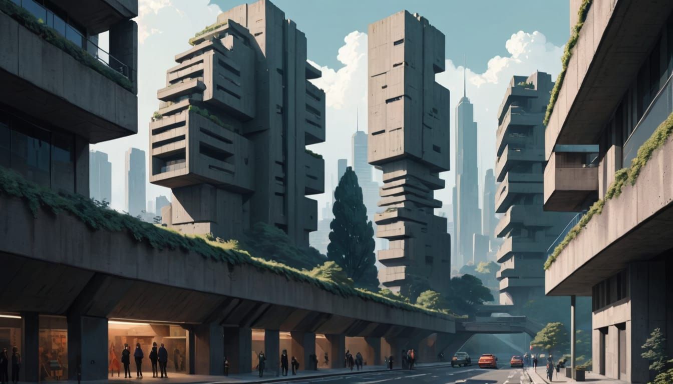 Brutalist Cityscape Portrait in Scenic Environment
