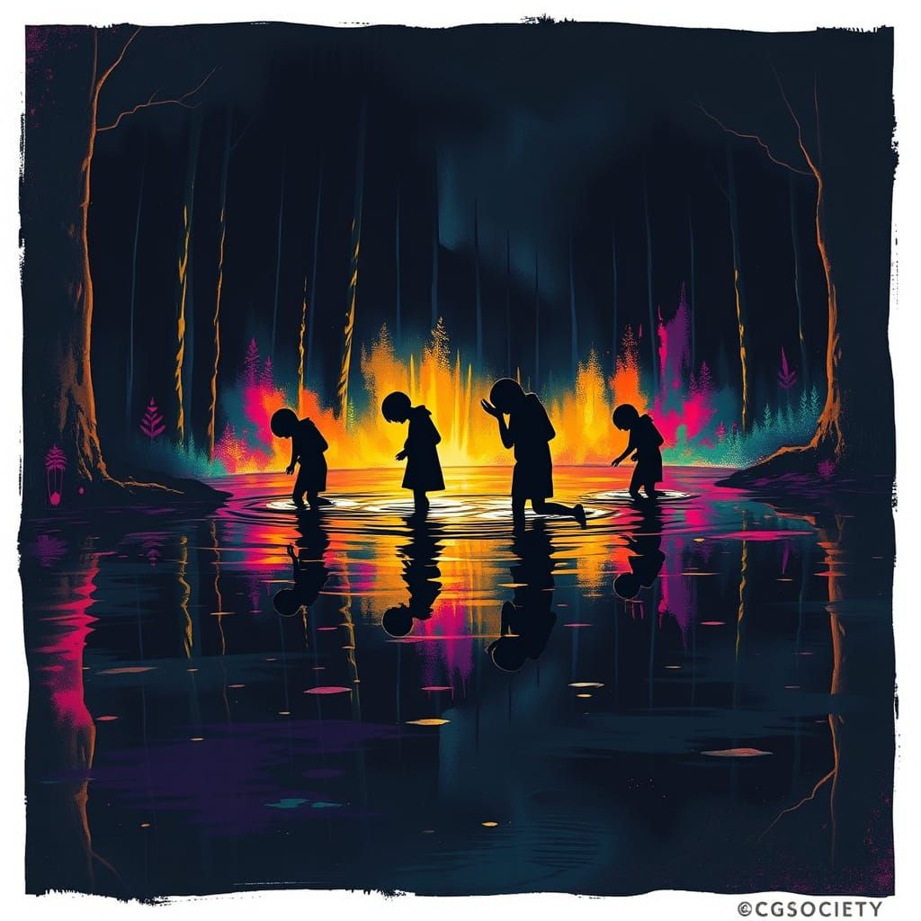 Silhouetted Figures Wade Through Dark Water in Graffiti Art ...