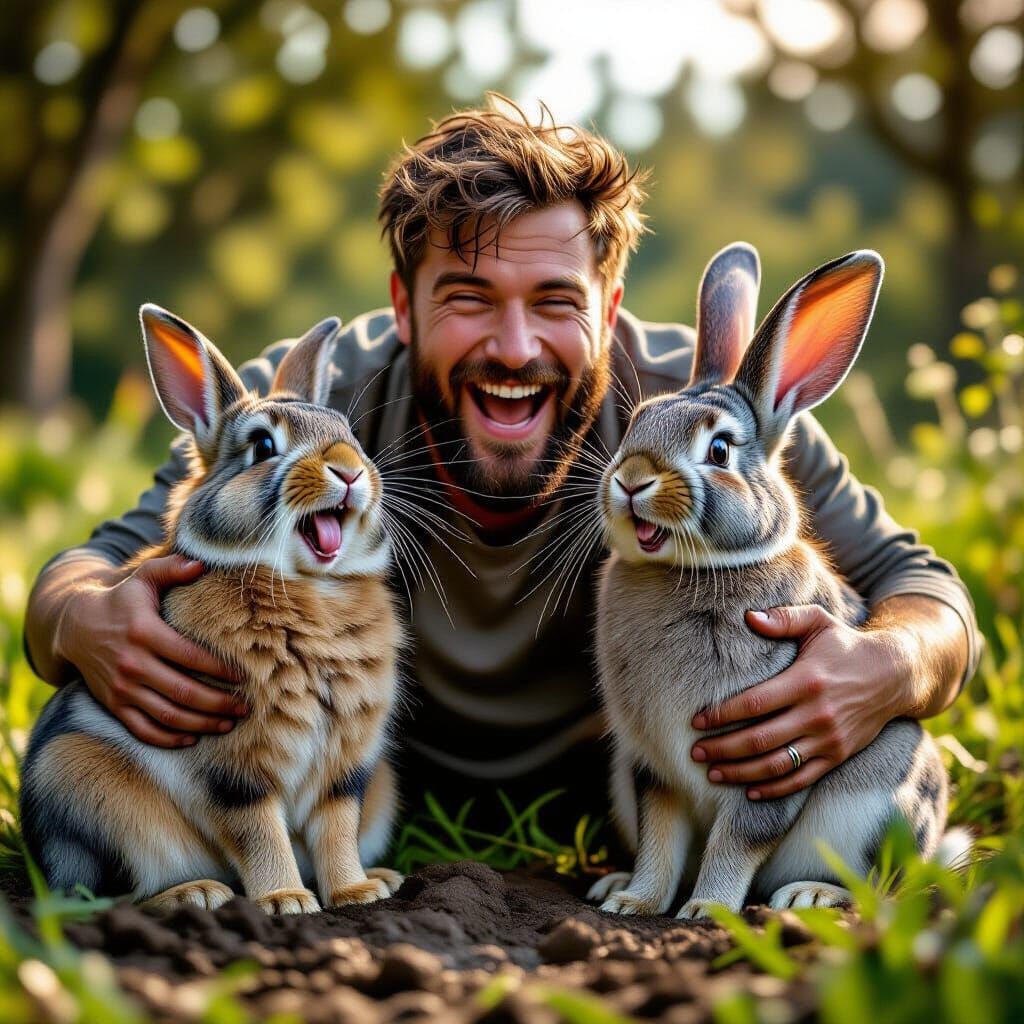Cat and Rabbit Share Laugh with Muddy Man