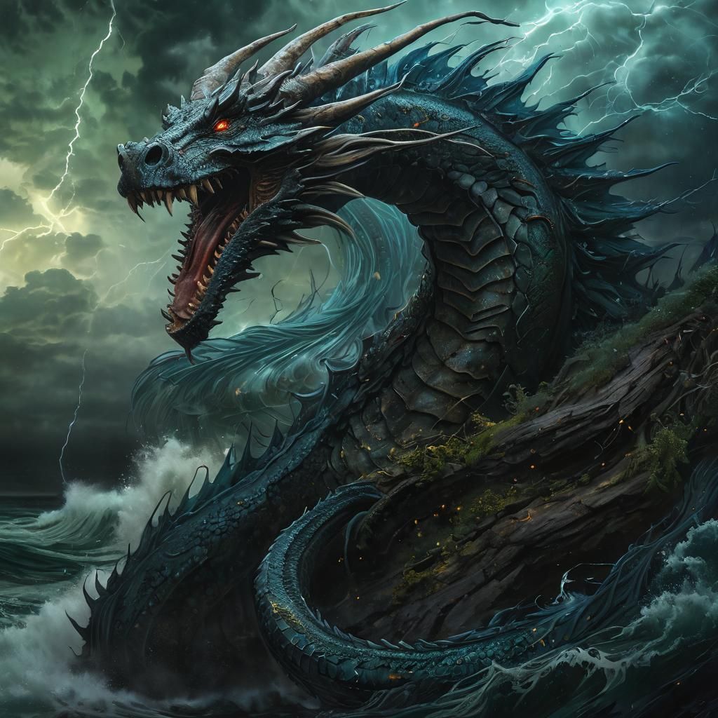 Serpent Dragon Emerges from Stormy Sea: Oil Painting