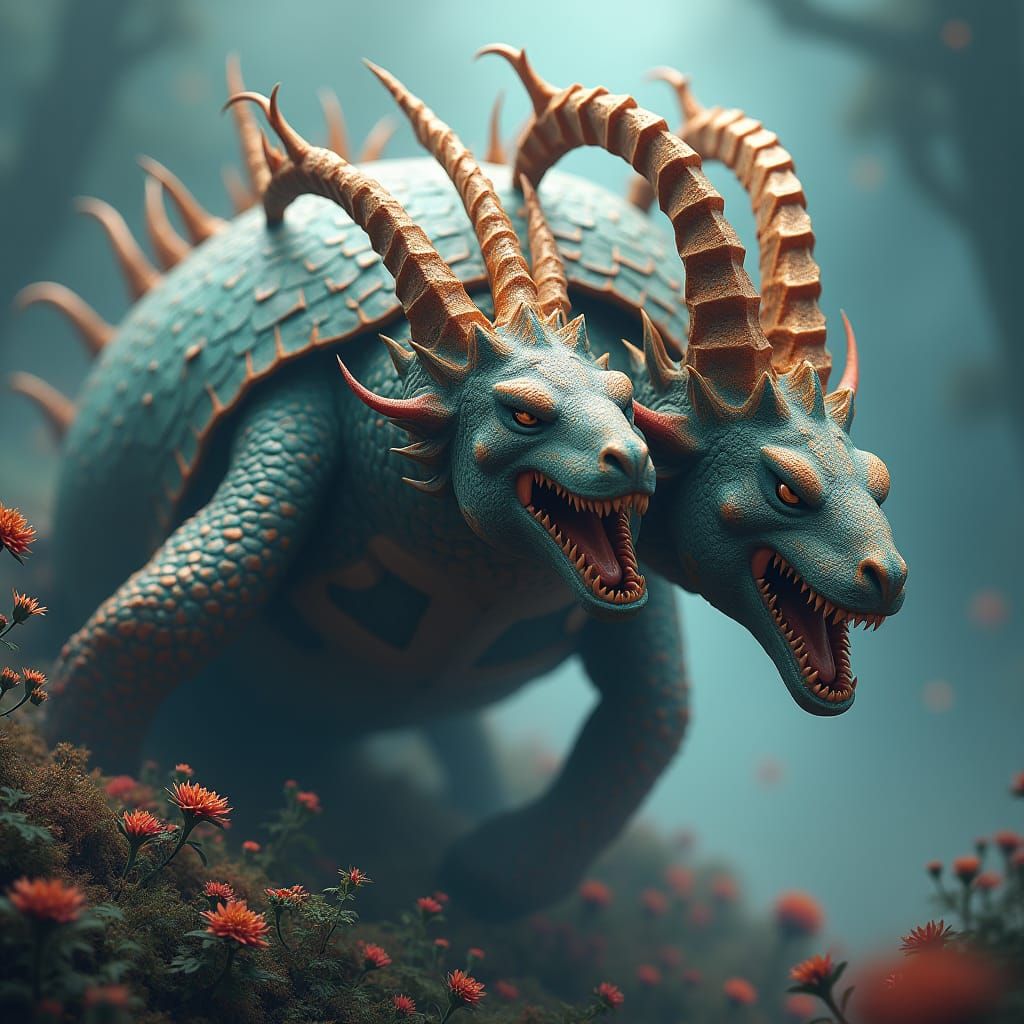 Three-Headed Dragon-Goat-Turtle Hybrid in Dreamscape