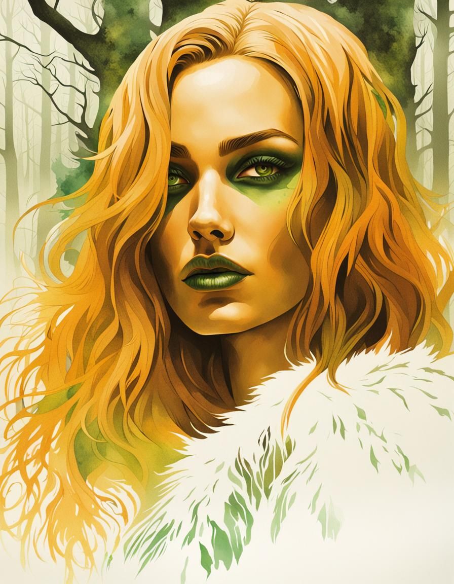Mystical Woman in Dark Forest, Hyperrealistic Portrait