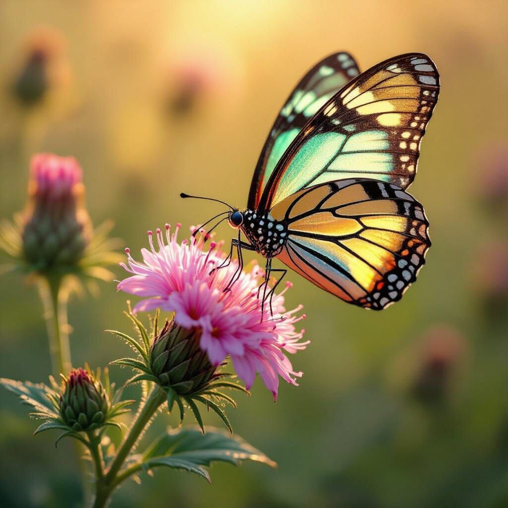Metallic Butterfly and Nettle Flower in Golden Light