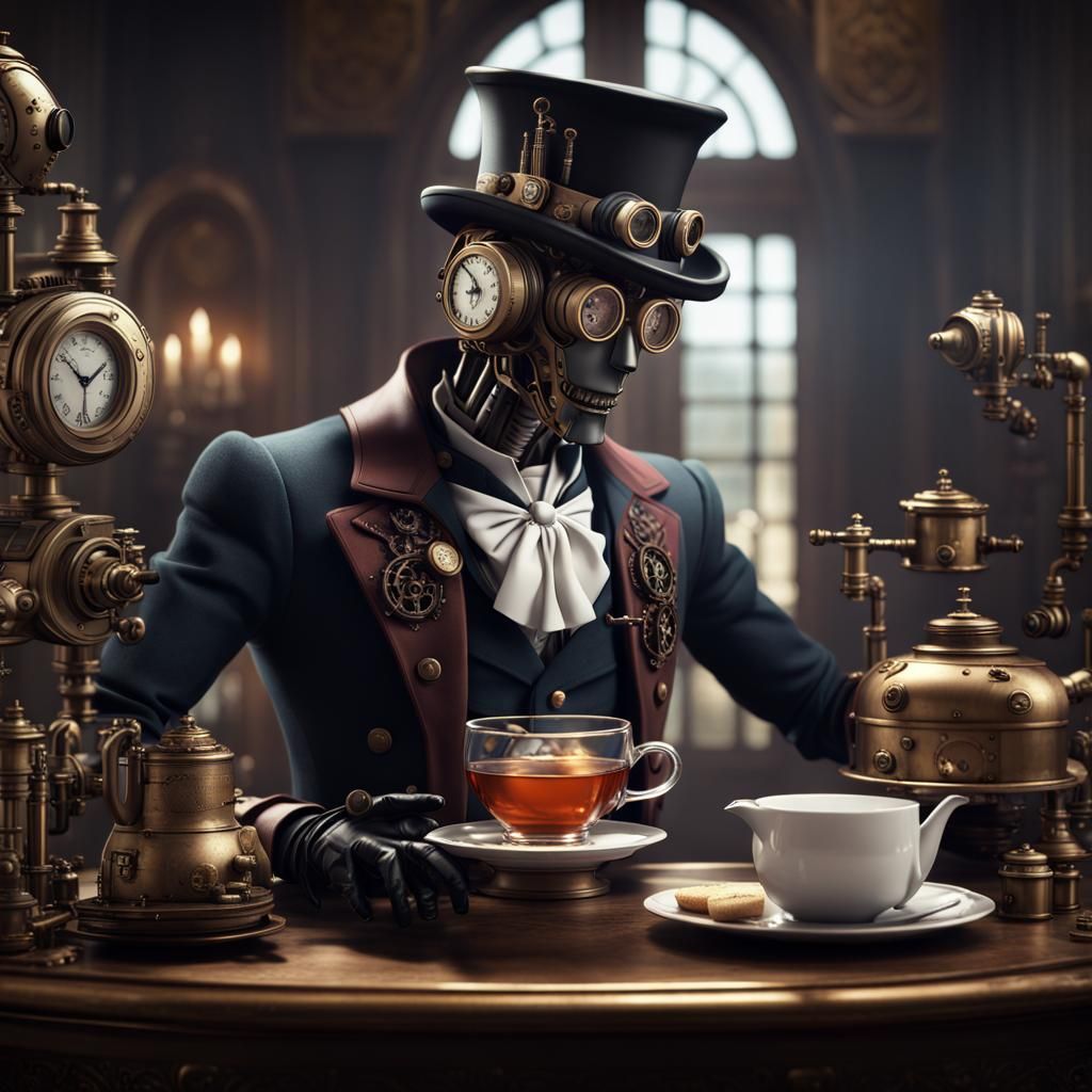 Steampunk Robot Butler Serving Tea: Detailed Matte Painting