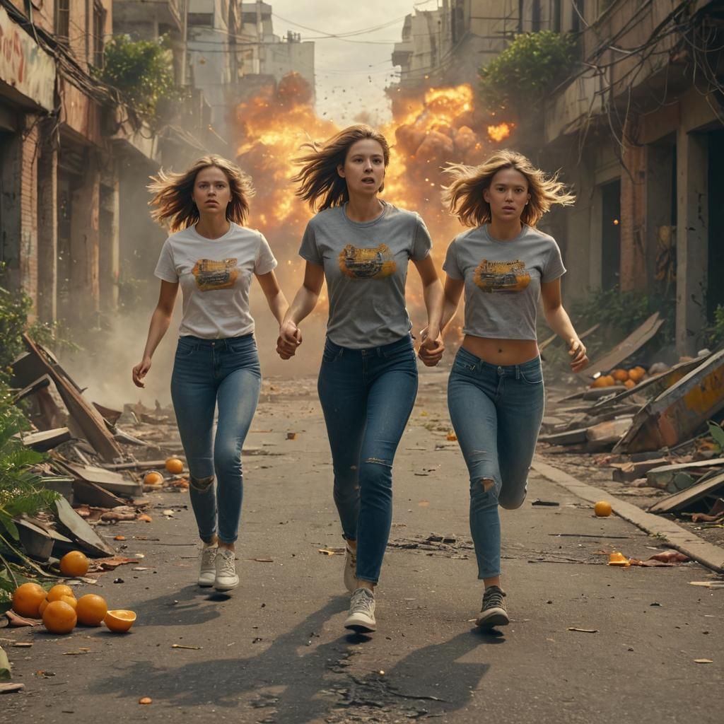 Women Running From Explosion in Dystopian Cityscape
