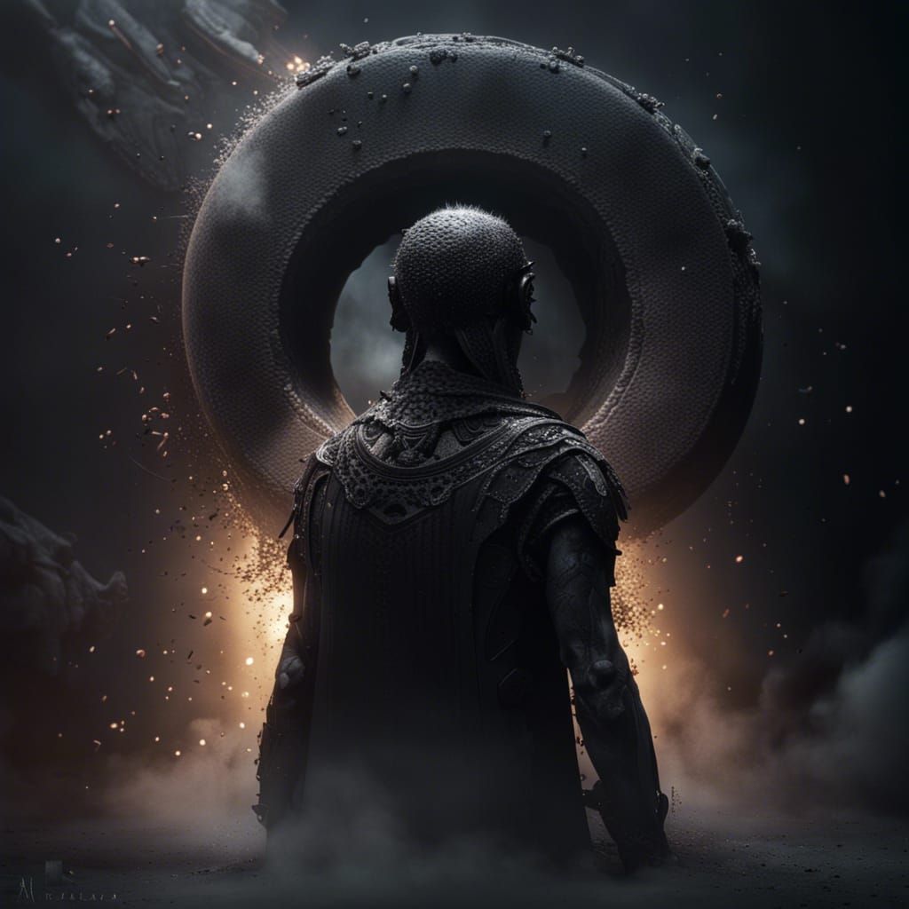 Monolith with Cyborg in Black Hole: Photorealistic Fantasy A...