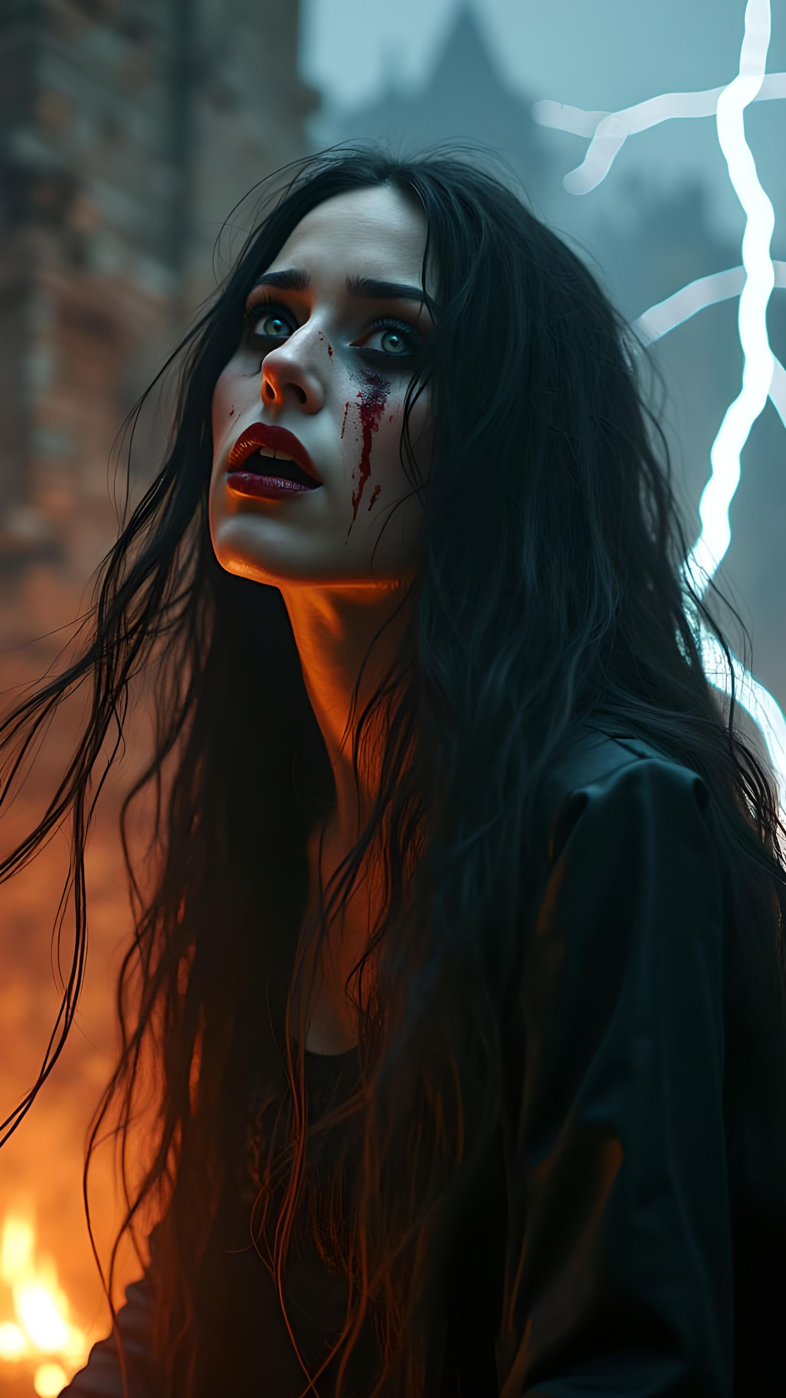 Vampire Rapunzel in Burning Castle: Photorealistic Art