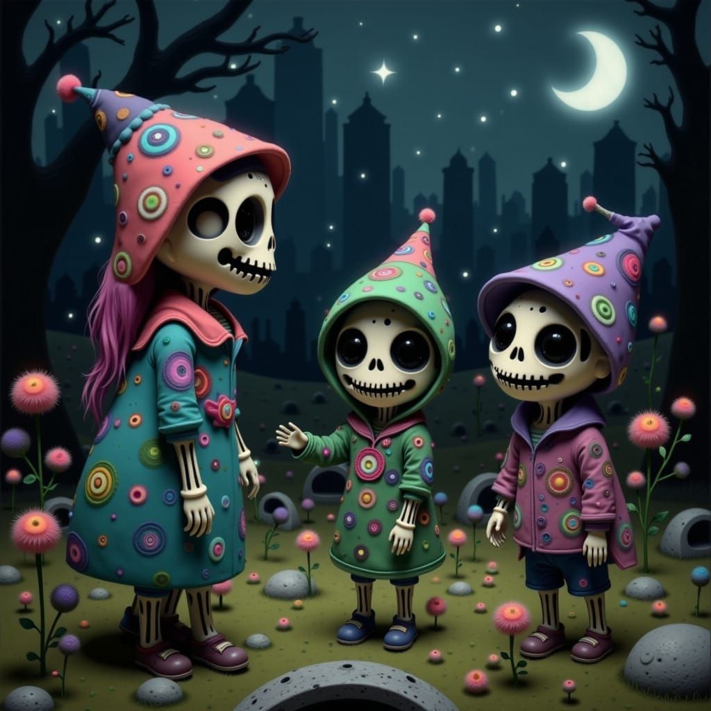 Chibi Skeletons Play in Graveyard at Dusk, in 3D CGI Style