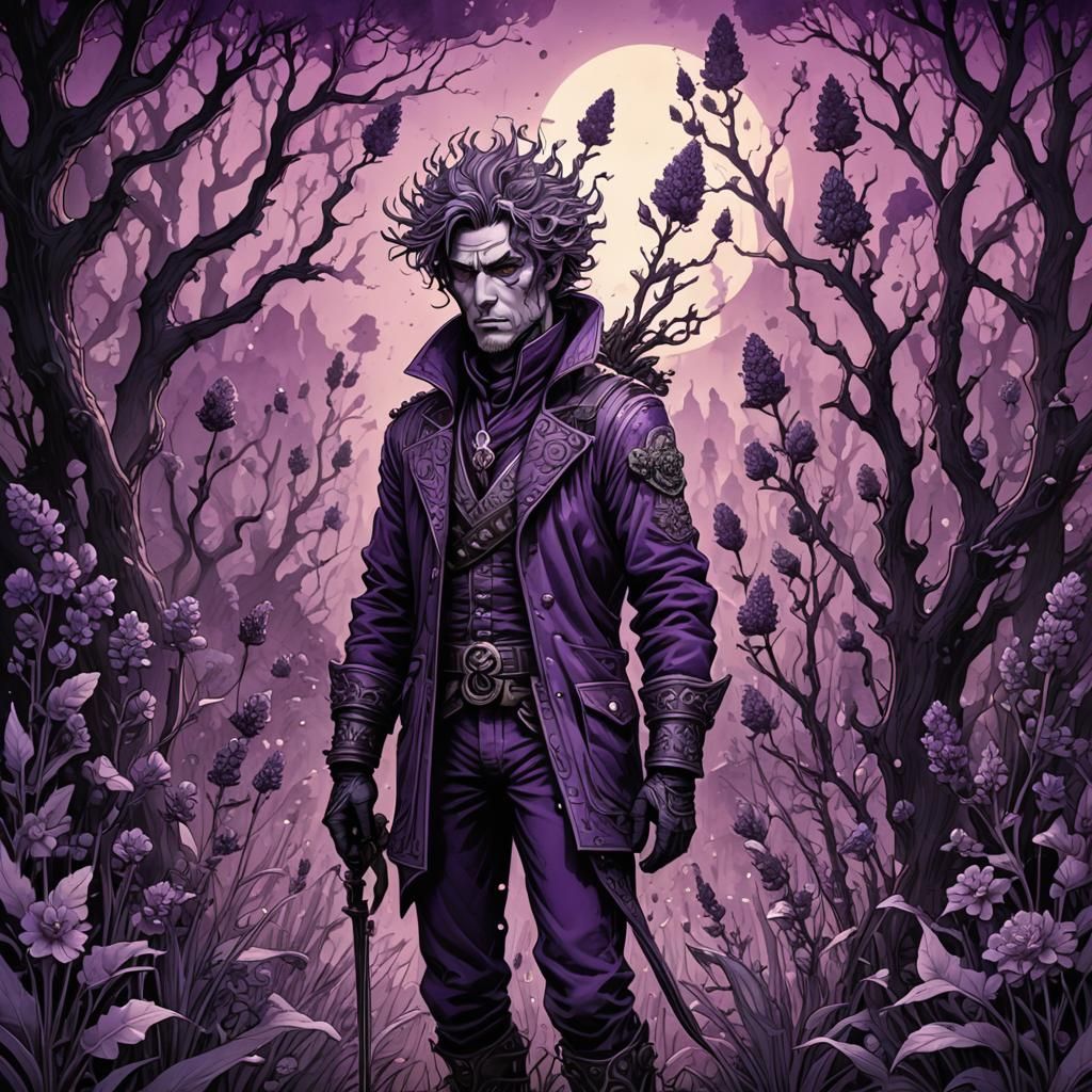 Lavender Madman: Detailed Monochromatic Ink Painting