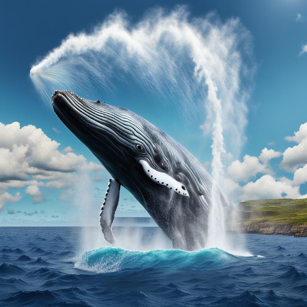 Giant Whale Spouting Water Mixed Media 8K