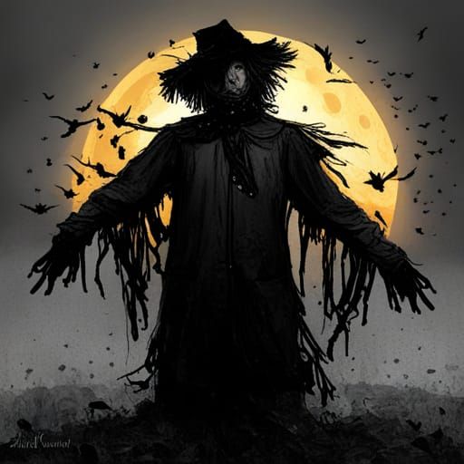 Creepy Scarecrow in Starry Field, Digital Art