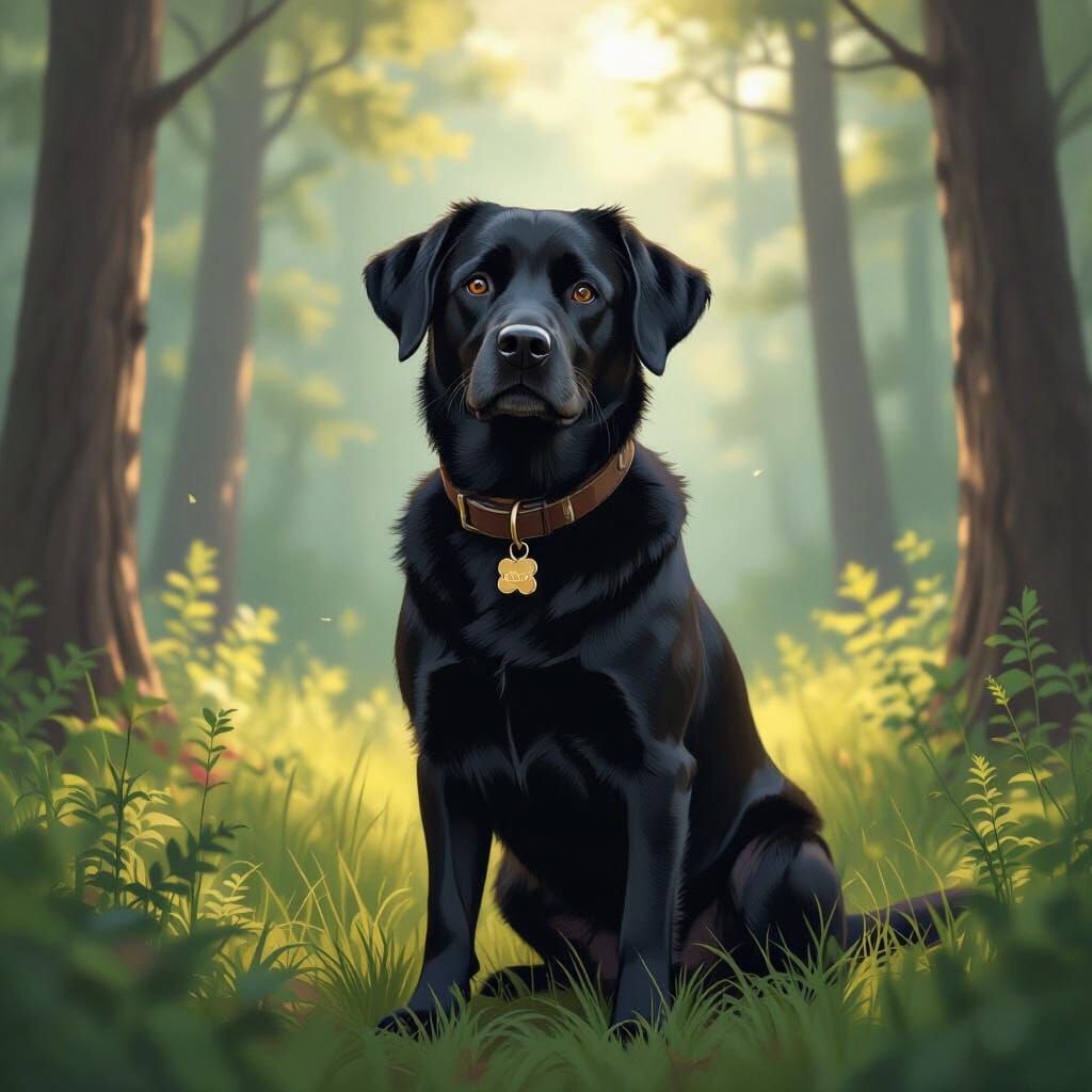 Regal Black Lab in Forest, Digital Painting Style