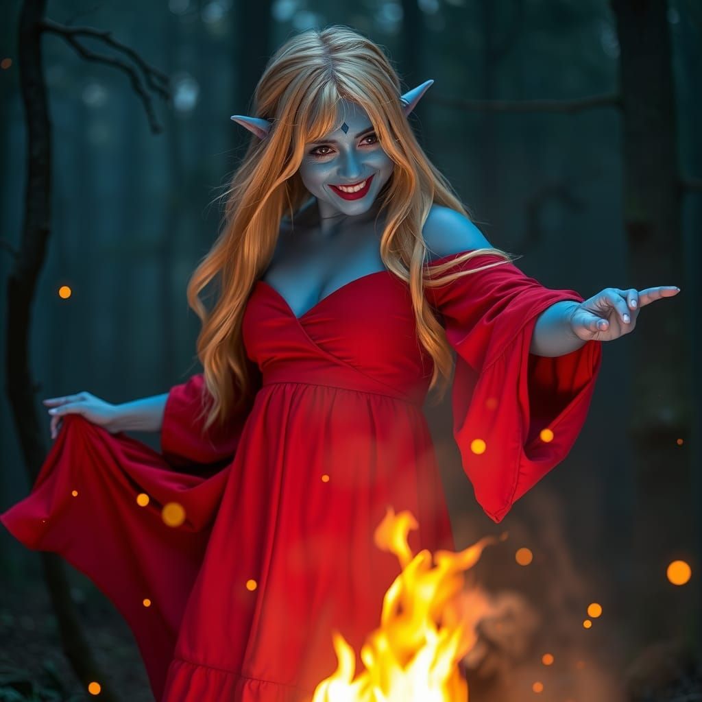 Blue-Skinned Elf Woman Dancing in Forest