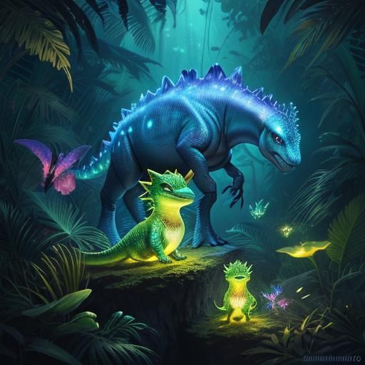 Bioluminescent Baby Dinosaurs in Magical Jungle Illustration
