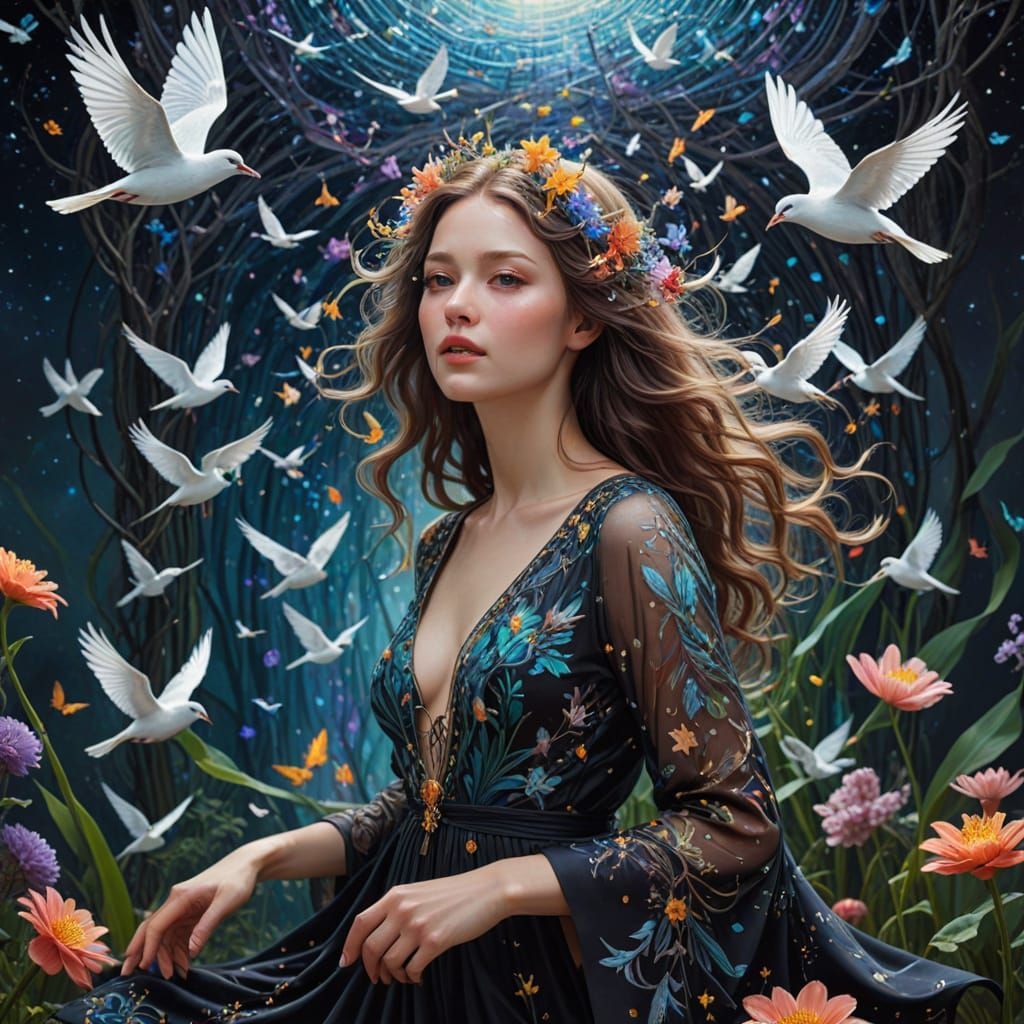 Ethereal Woman Transforms into Birds Amid Cosmic Energy